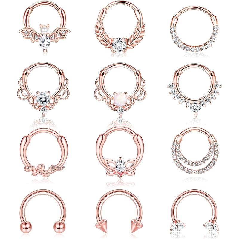 Besteel 12Pcs Septum Rings 16G Daith Earrings Nose Rings Hoop Stainless Steel CZ Opal Cartilage Helix Tragus Earrings Septum Clicker Piercing Jewelry Silver Black Rose Gold