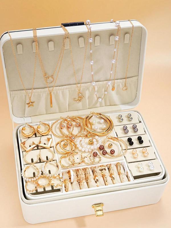 Women's Elegant Faux Pearl Decorated Jewelry Set, Including Necklace & Earrings & Rings, 86pcs Fashionable Jewelry Set for Women & Girls, without Box