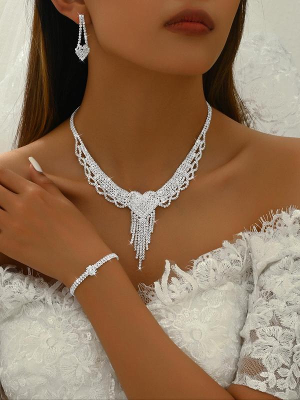 2024 New Style Rhinestone Decorated Jewelry Set, Luxury Elegant Wedding Bridal Jewelry Set, Including Dangle Earrings, Pendant Necklace, Ring & Bracelet