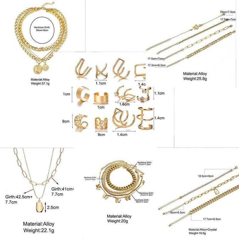 46 Pcs  Jewelry Set with 11Pcs Necklace, 11 Pcs anklet and 18 Pcs Earring Ear Cuff,6Hoop Earrings for Women Fashion Indie Costume Jewerly Pack for Friendship Party Gift