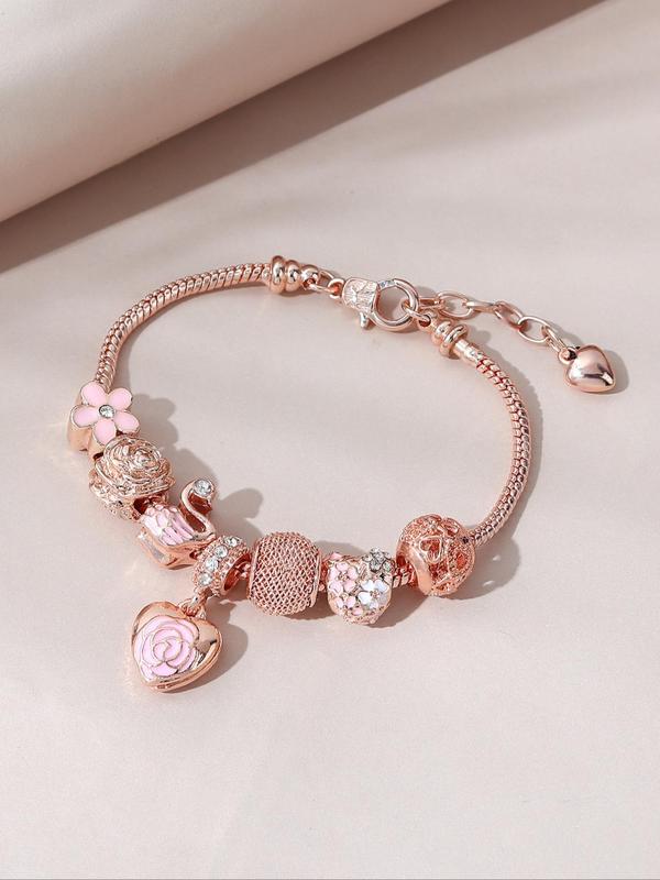 Elegant Heart & Flower Design Charm Matching Bracelets, Exquisite Trendy Beaded Bracelet, Fashionable All-match Iced Out Jewelry for Daily & Party Decoration