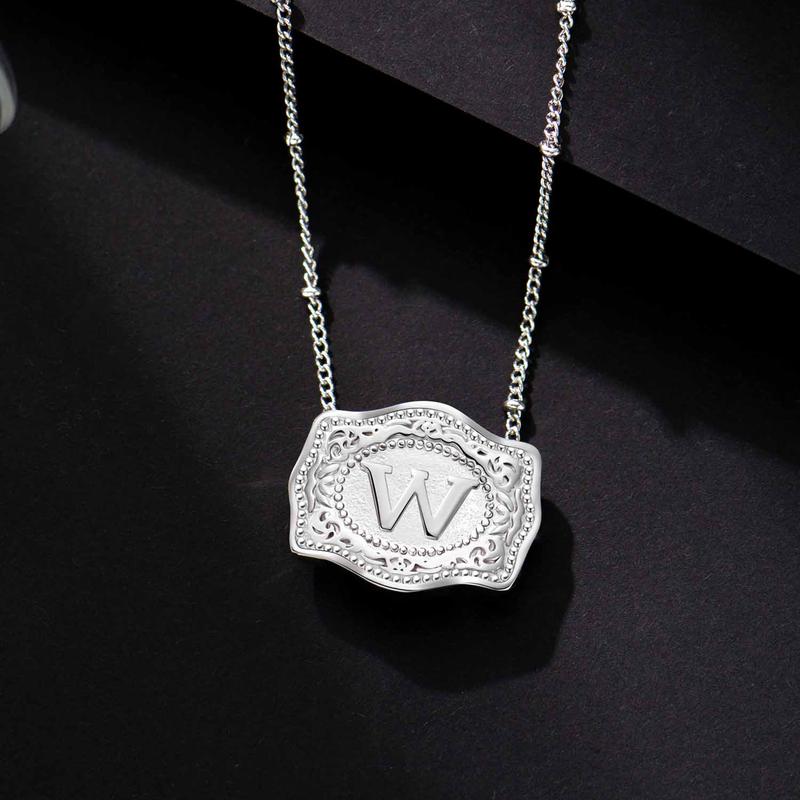 Holylegend Initial Letter Pendant Necklaces with Embossed Belt Buckle, Rhodium-Plated,Get 1 Free Chain