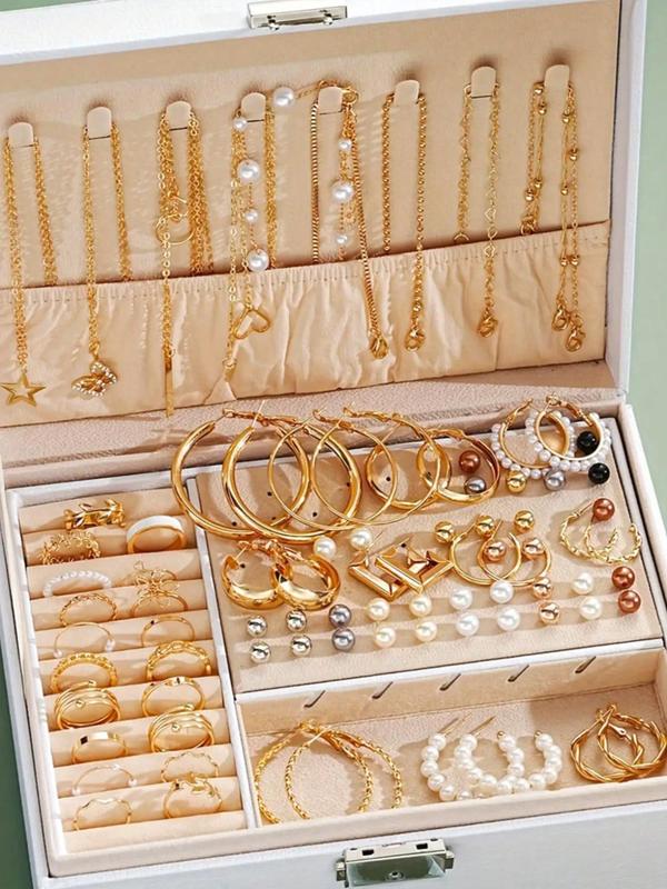 Women's Elegant Faux Pearl Decorated Jewelry Set, Including Necklace & Earrings & Rings, 86pcs Fashionable Jewelry Set for Women & Girls, without Box