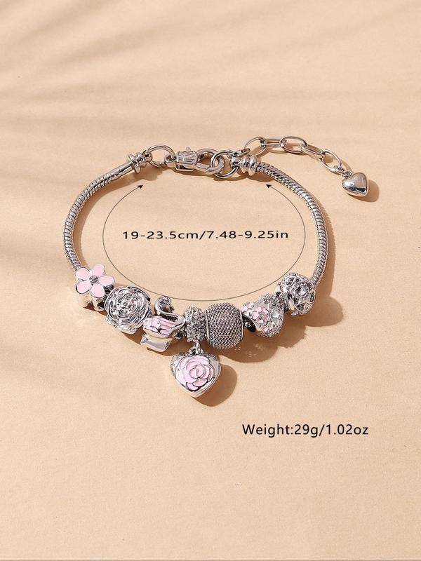 Elegant Heart & Flower Design Charm Matching Bracelets, Exquisite Trendy Beaded Bracelet, Fashionable All-match Iced Out Jewelry for Daily & Party Decoration