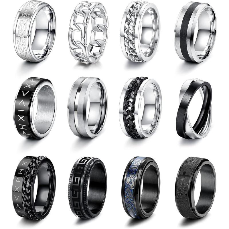 FLORIDECO 12PCS Stainless Steel Band Rings for Men Women Fidget Spinning Chain Ring Fidget Ring Anxiety Relief Ring for Men Fashion Simple Wedding Engagement Black Ring Set Size 7-13 Daily