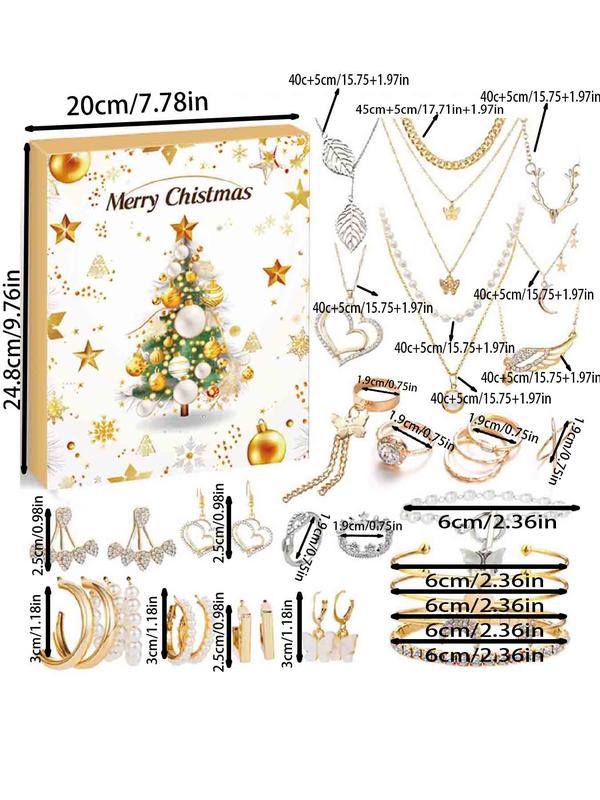 Christmas Themed Jewelry Set Blind Box, Faux Pearl & Star & Leaf & Heart Decor Necklace & Earrings & Bracelet, Fashion Accessories for Women & Girls, with Gift Box