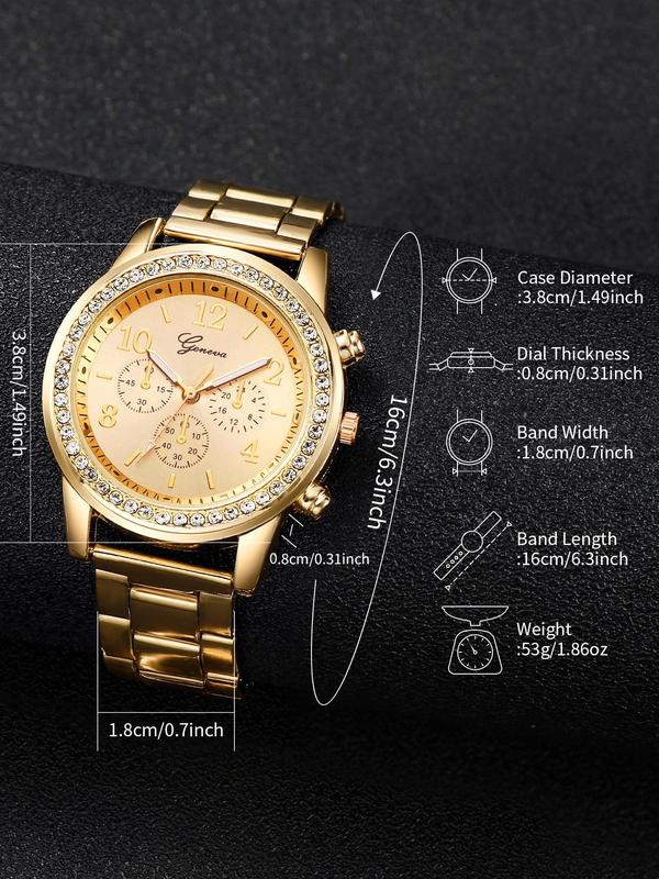 Elegant Fashion Rhinestone Decor Round Dial Quartz Watch & Heart Design Bracelet, 2pcs Trendy All-match & Exquisite Watch Set for Birthday Gift without Box