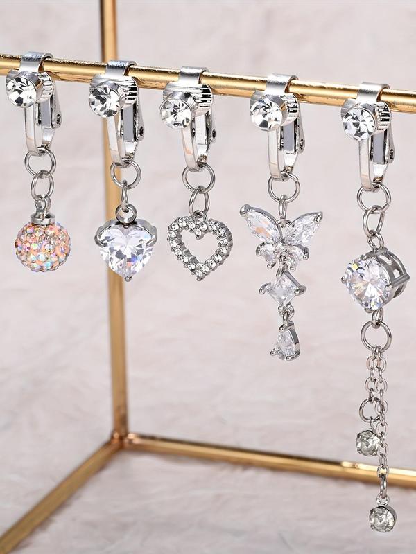 Rhinestone & Butterfly Decor Non-piercing Belly Button Rings, 5counts Belly Piercing Jewelry for Party, Daily Clothing Decor for Girl, As Birthday Gift for Back To School