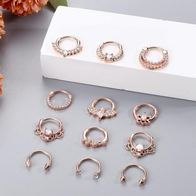 Besteel 12Pcs Septum Rings 16G Daith Earrings Nose Rings Hoop Stainless Steel CZ Opal Cartilage Helix Tragus Earrings Septum Clicker Piercing Jewelry Silver Black Rose Gold