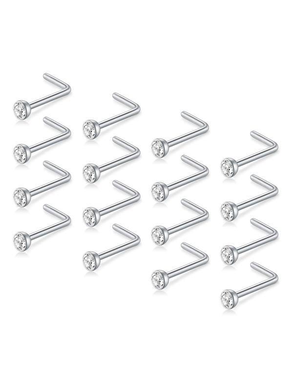 16pcs Rhinestone Decorated Stainless Steel Nose Studs, Nose Piercing Jewelry for Men & Women, Fashion Jewelry for Party, Daily Clothing Decor, Trendy All-match & Exquisite Jewelry for Birthday Gift