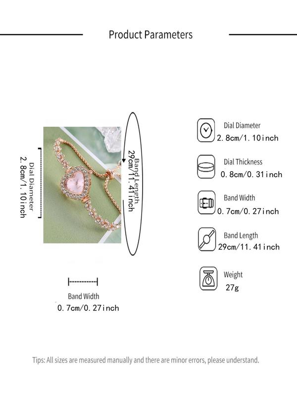 Women's Rhinestone Decor Heart Design Quartz Watch, Fashionable Adjustable Strap 	 Stainless Steel Watch For Women For Gift, Without Box