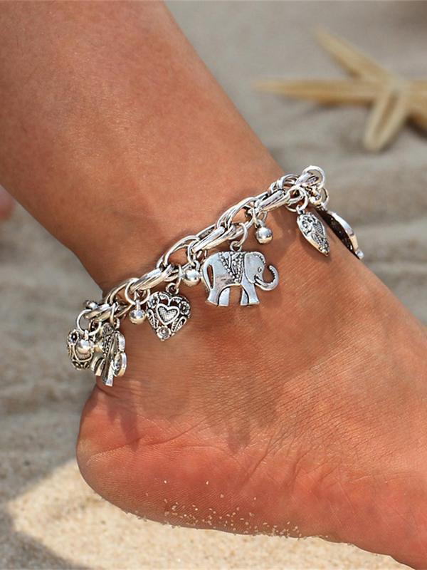 Vintage Elephant & Heart Charm Design Anklet for Women, Casual Adjustable Anklet for Party, Daily Clothing Decor, Trendy All-match & Exquisite Jewelry for Birthday Gift