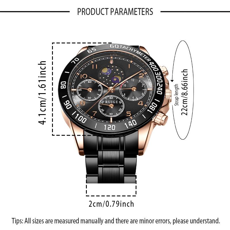 RUIGE large dial stainless steel men's watch multifunctional moon phase men's luminous waterproof fashion watch