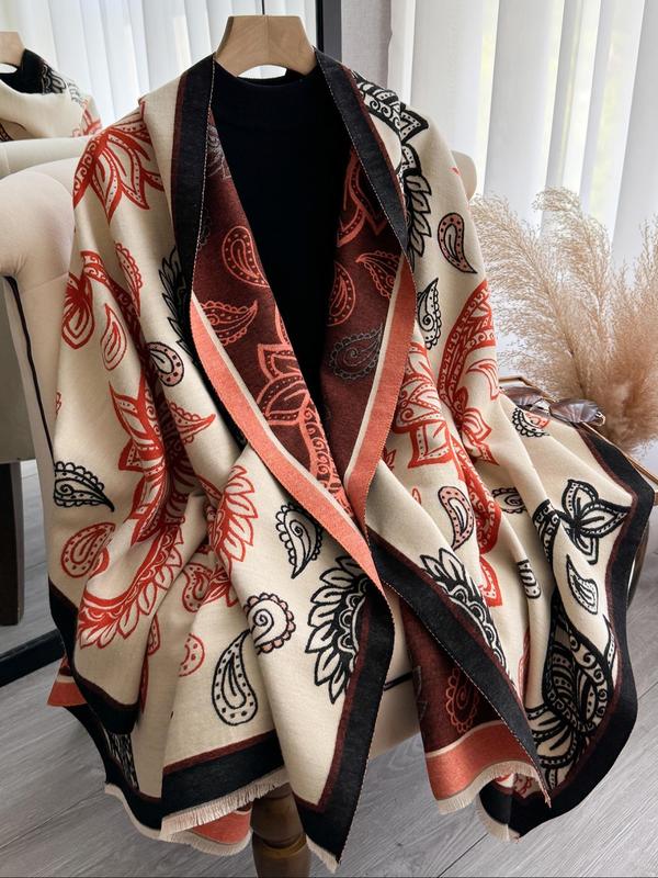 Boho Style Paisley Print Tassel Decor Shawl, Casual Soft Warm Double Sided Scarf for Fall & Winter, Fashion Accessories for Women & Men