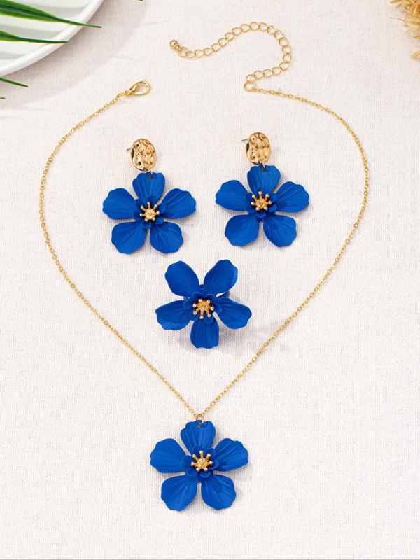 Elegant Flower Themed Design Dangle Earrings & Adjustable Pendant Necklace & Ring, Trendy All-match & Exquisite Jewelry Set for Women As Gift