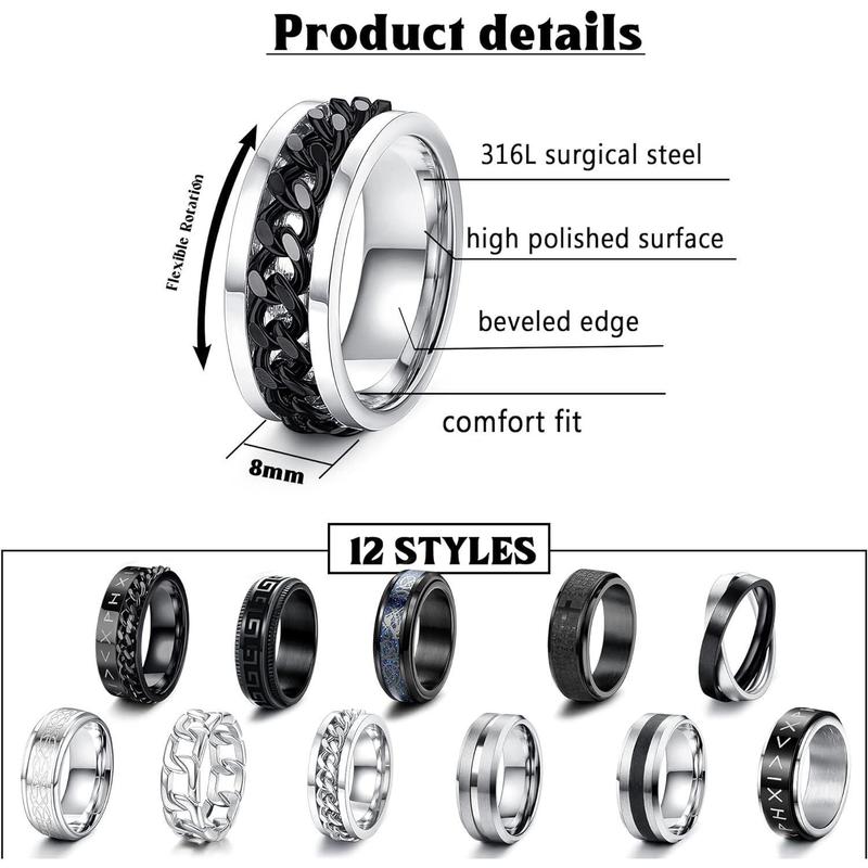 FLORIDECO 12PCS Stainless Steel Band Rings for Men Women Fidget Spinning Chain Ring Fidget Ring Anxiety Relief Ring for Men Fashion Simple Wedding Engagement Black Ring Set Size 7-13 Daily