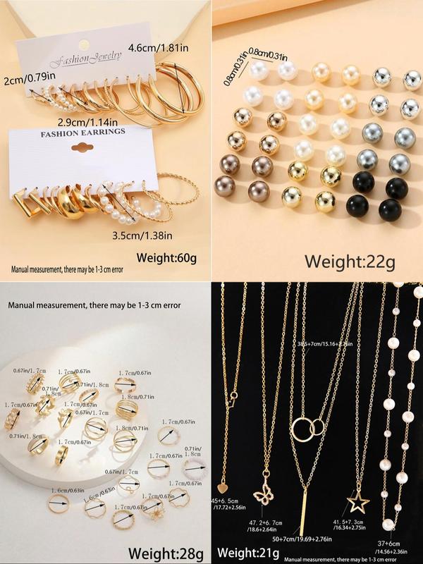 Women's Elegant Faux Pearl Decorated Jewelry Set, Including Necklace & Earrings & Rings, 86pcs Fashionable Jewelry Set for Women & Girls, without Box