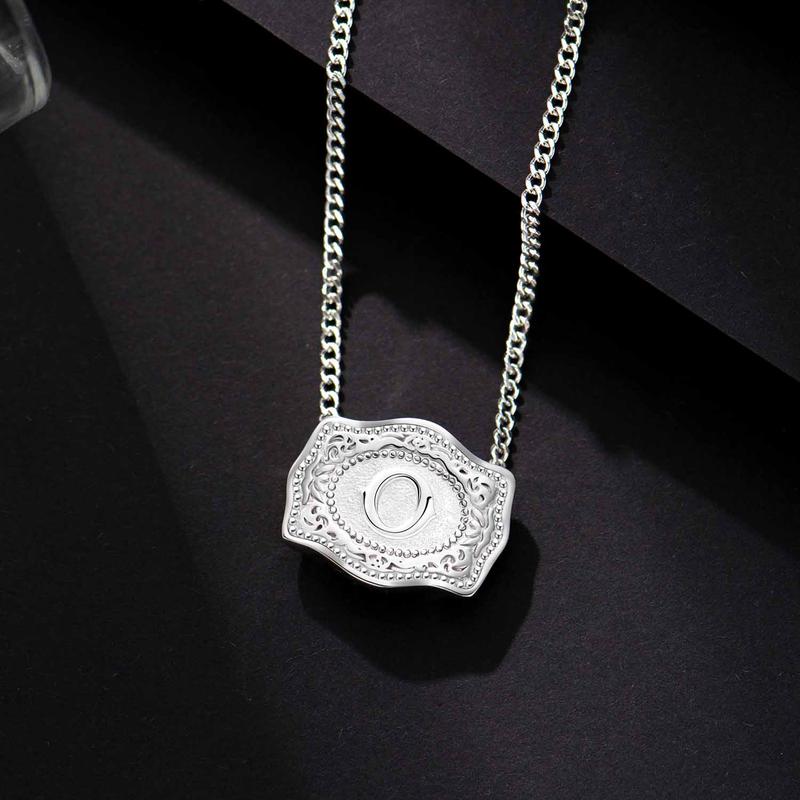 Holylegend Initial Letter Pendant Necklaces with Embossed Belt Buckle, Rhodium-Plated,Get 1 Free Chain