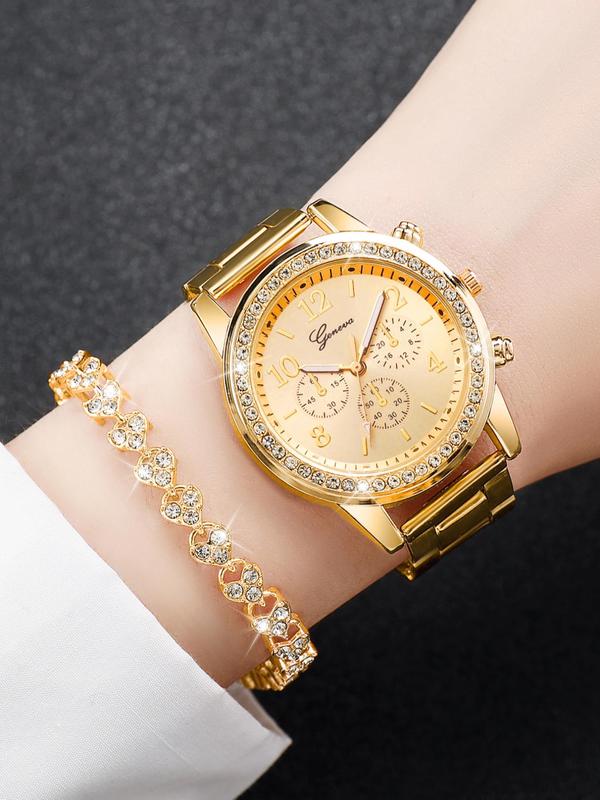 Elegant Fashion Rhinestone Decor Round Dial Quartz Watch & Heart Design Bracelet, 2pcs Trendy All-match & Exquisite Watch Set for Birthday Gift without Box