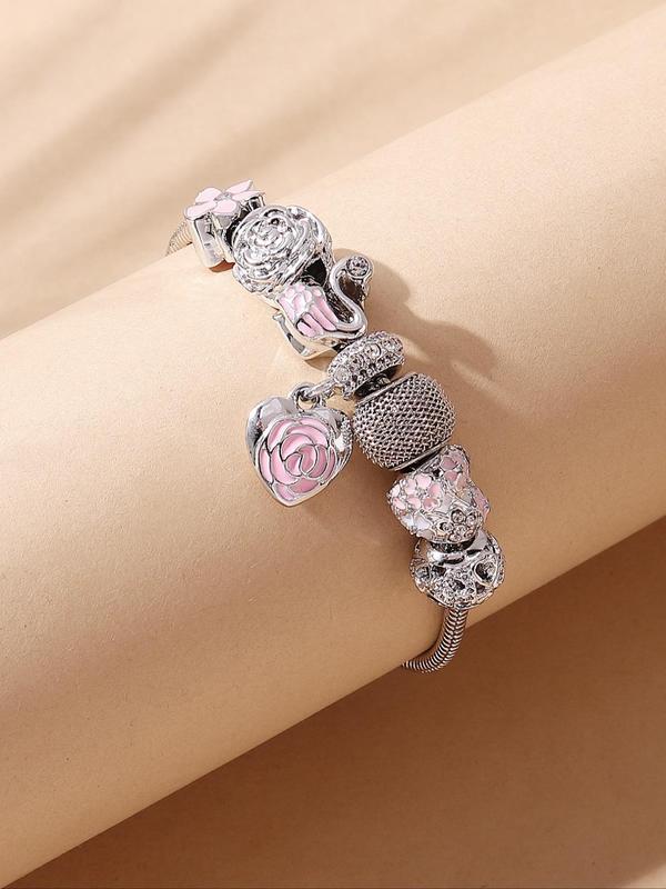 Elegant Heart & Flower Design Charm Matching Bracelets, Exquisite Trendy Beaded Bracelet, Fashionable All-match Iced Out Jewelry for Daily & Party Decoration