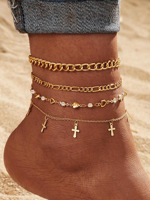 Fashion Cross Charm Anklet for Women & Girls (4pcs), Style Rhinestone Inlaid Fashion Foot Jewelry for Party, Daily Clothing Decor, Trendy All-match & Exquisite Jewelry for Birthday Gift