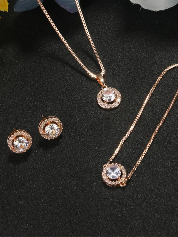 4pcs set Women's Elegant Rhinestone Decorated Pendant Necklace & Stud Earrings & Bracelet, Exquisite Trendy Jewelry, Fashion Jewelry Set for Party Decoration As Gift for Women Without Box