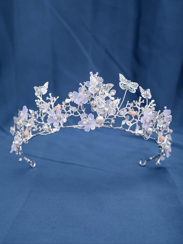 Butterfly & Flower Design Bridal Crown,  Elegant Artificial Crystal Decorated Bridal Headwear, Wedding Accessories for Bridal Party & Wedding