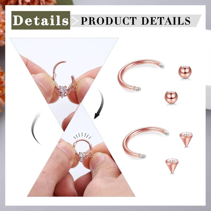 Besteel 12Pcs Septum Rings 16G Daith Earrings Nose Rings Hoop Stainless Steel CZ Opal Cartilage Helix Tragus Earrings Septum Clicker Piercing Jewelry Silver Black Rose Gold