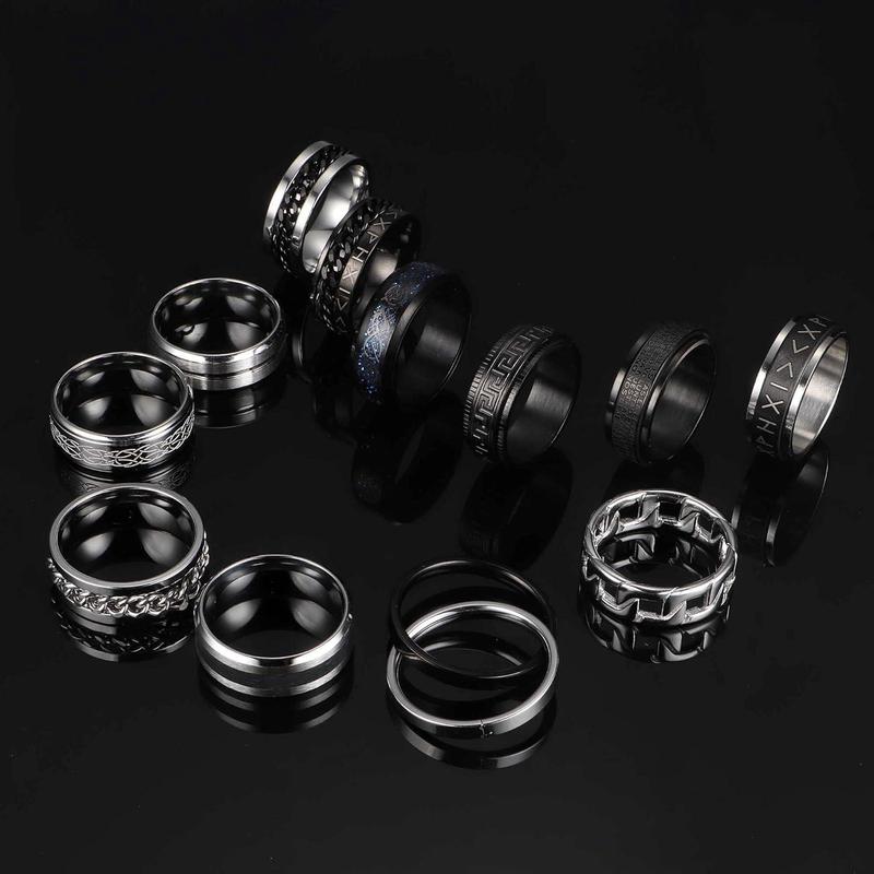 FLORIDECO 12PCS Stainless Steel Band Rings for Men Women Fidget Spinning Chain Ring Fidget Ring Anxiety Relief Ring for Men Fashion Simple Wedding Engagement Black Ring Set Size 7-13 Daily