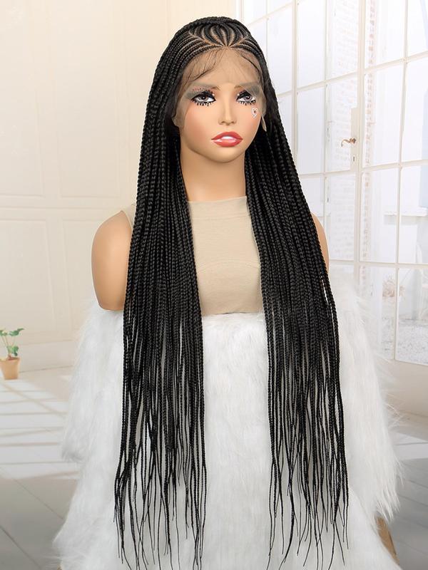 36 Inch Long Cornrow Braided Lace Wigs for Women, Gorgeous Fluffy Wigs with Baby Hair Bangs, Synthetic Braided Full Lace Wigs for Party, Daily Use