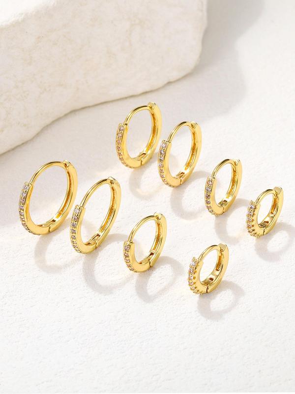 4 Pairs Rhinestone Decorated Hoop Earrings, Simple Plain Copper Earrings, Fashion Accessories for Girls & Women, Trendy All-match & Exquisite Jewelry for Birthday Gift