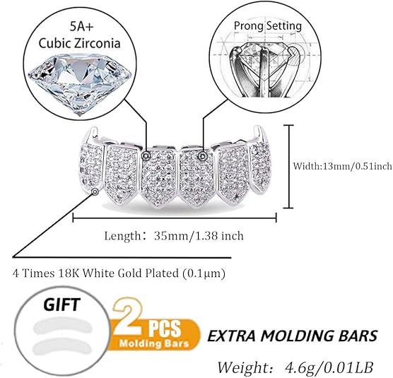 2 Piece Top & Bottom Set for Rappers and Cosplayers - Premium Punk Tooth Caps, Instantly Transform Your SmileSet Hip Hop Cubic Zirconia Teeth Grills Punk Tooth Caps Cosplay Rapper Jewelry Glittering Hip Hop Cubic Zirconia Teeth Grills -