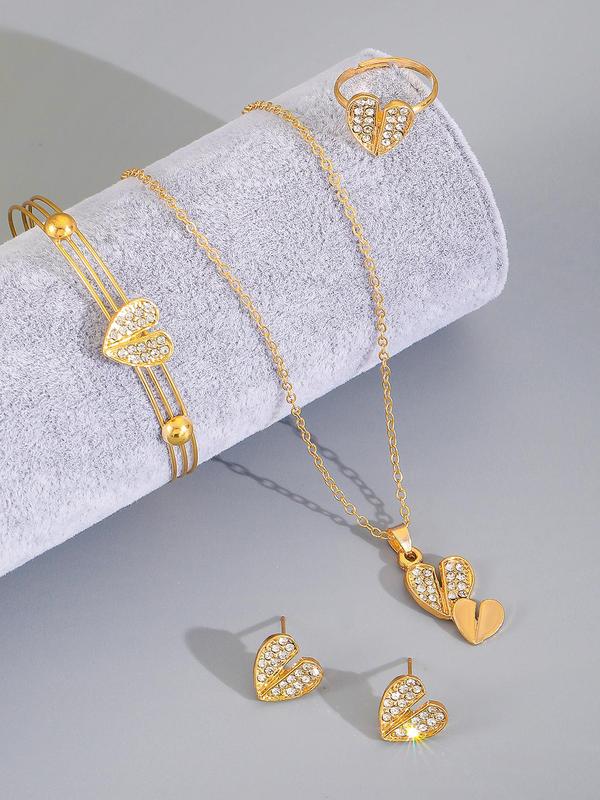 Women's Elegant Rhinestone Decorated Heart Design Jewelry Set Including Pendant Necklace & Earrings & Ring & Bracelet, Gorgeous Jewelry Set As Gift for Girlfriend