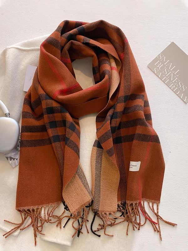 Women's Plaid Print Tassel Decor Scarf, Casual Soft Warm Shawl for Fall & Winter, Fashion Accessories for Daily Wear