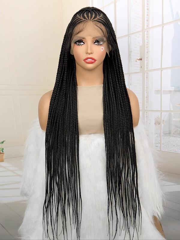 36 Inch Long Cornrow Braided Lace Wigs for Women, Gorgeous Fluffy Wigs with Baby Hair Bangs, Synthetic Braided Full Lace Wigs for Party, Daily Use