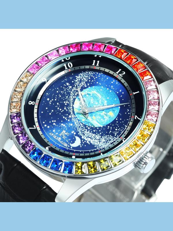 Romantic Rotating Starry Sky Luminous Dial Automatic Mechanical Watch for Men, Rainbow Rhinestone Decor Watch Case Black Genuine Leather Strap Business Wristwatch