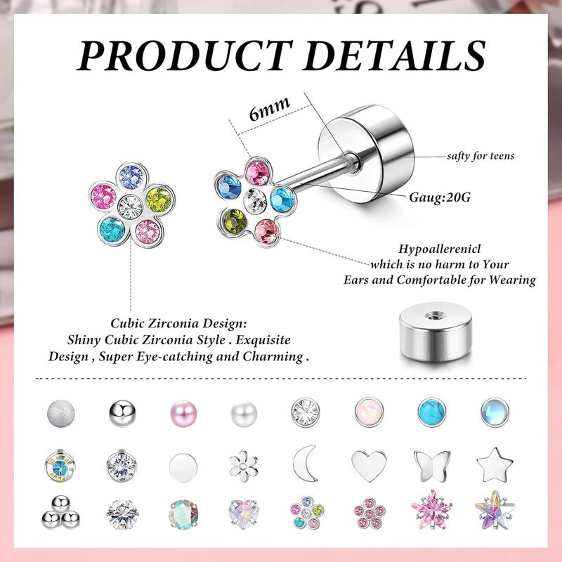 LOYALLOOK 24Pairs Screw Back Earrings Stud for Women Surgical Steel Hypoallergenic Cartilage Stud Earrings Tiny Opal CZ Screwback Flat Back Stud Earrings Set Piercing Jewelry Multicolored 20G