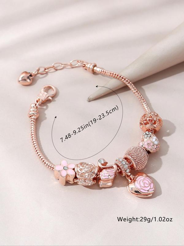 Elegant Heart & Flower Design Charm Matching Bracelets, Exquisite Trendy Beaded Bracelet, Fashionable All-match Iced Out Jewelry for Daily & Party Decoration