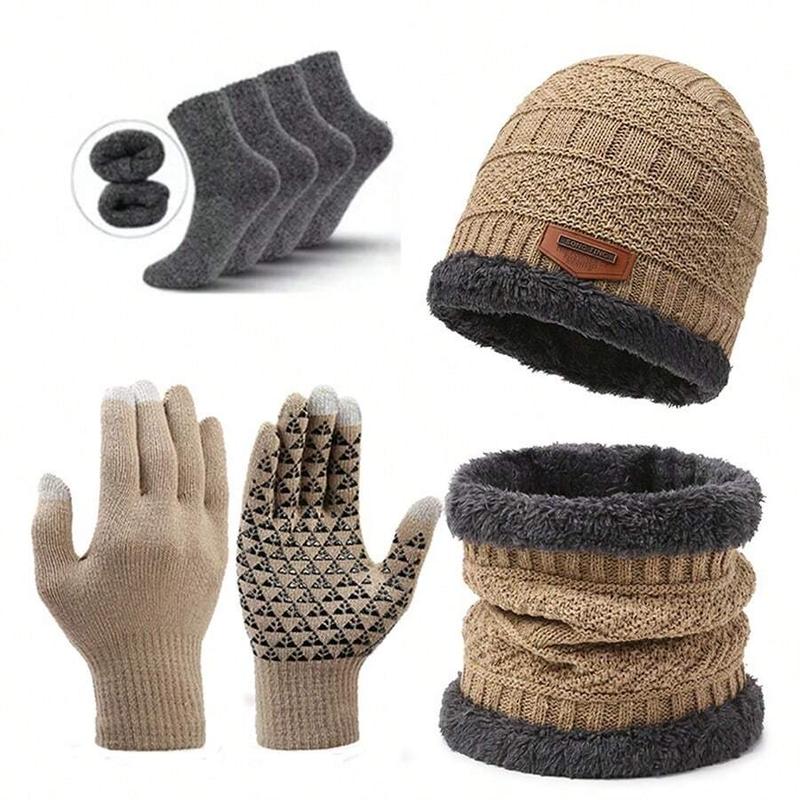 5 Pc Men's Solid Color Winter Warm Integrated Knitted Hat Scarf Glove Winter Warm Socks, Soft Comfortable Windproof Cycling Ear Protection Warm Hat Women's Winter Warm Thickened Knitted Hat Scarf Set, Women Men Couple Winter New Year Presents