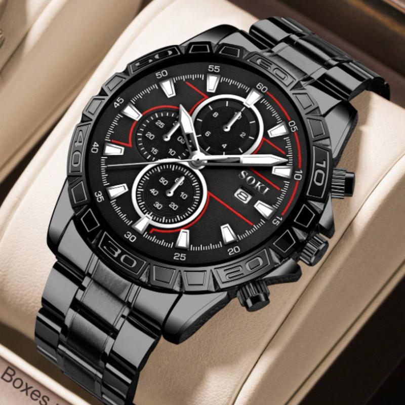 Men's Black Stainless Steel Calendar Casual Sports Quartz Watch Set with Cross Necklace and Bracelet - Best Gift Set for Men