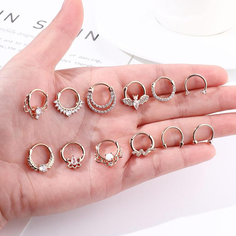 Besteel 12Pcs Septum Rings 16G Daith Earrings Nose Rings Hoop Stainless Steel CZ Opal Cartilage Helix Tragus Earrings Septum Clicker Piercing Jewelry Silver Black Rose Gold