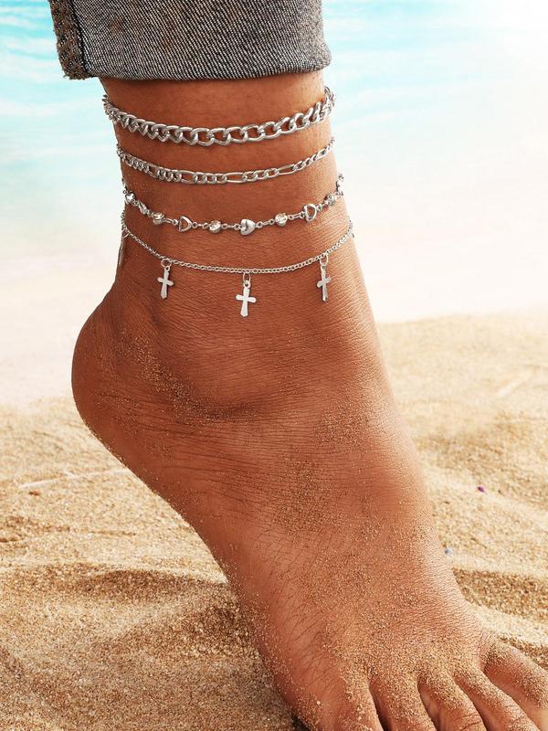 Fashion Cross Charm Anklet for Women & Girls (4pcs), Style Rhinestone Inlaid Fashion Foot Jewelry for Party, Daily Clothing Decor, Trendy All-match & Exquisite Jewelry for Birthday Gift