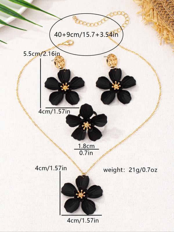 Elegant Flower Themed Design Dangle Earrings & Adjustable Pendant Necklace & Ring, Trendy All-match & Exquisite Jewelry Set for Women As Gift