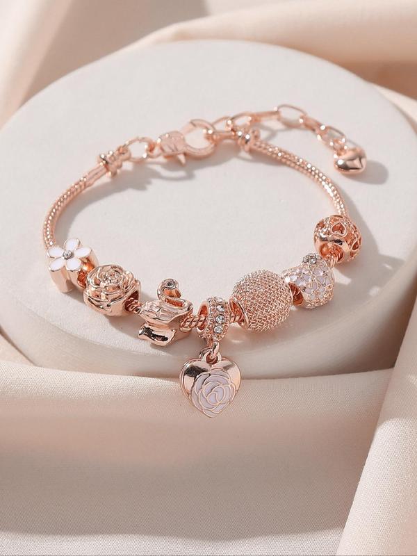 Elegant Heart & Flower Design Charm Matching Bracelets, Exquisite Trendy Beaded Bracelet, Fashionable All-match Iced Out Jewelry for Daily & Party Decoration