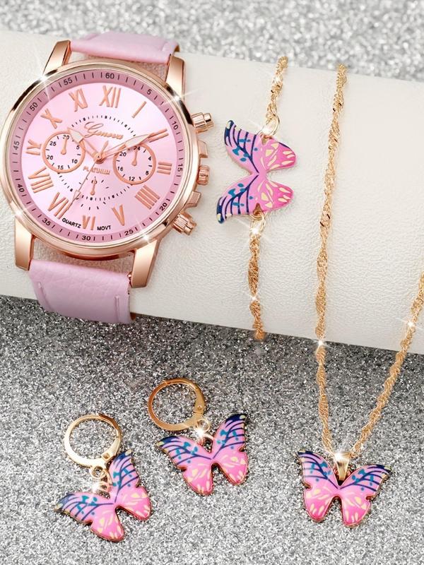 Women's Elegant Quartz Watch &  Jewelry Set, Including Round Dial Watch & Butterfly Design Bracelet & Necklace & Earrings, Fashion Watch Set for Women As Gift without Box