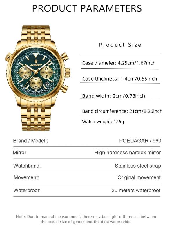 Men's Business Fashion Round Dial Luxury Analog Quartz Watch, Waterproof Luminous Date Chronograph Watch, Stainless Steel Watch for Men Gifts, with Box