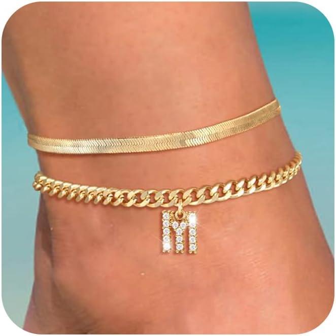 NECOCY Ankle Bracelets for Women Initial Waterproof Layered Snake Cuban Link Anklet Bracelet Set Stackable Layering Summer Foot Jewelry Gifts for Women