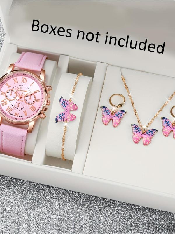 Women's Elegant Quartz Watch &  Jewelry Set, Including Round Dial Watch & Butterfly Design Bracelet & Necklace & Earrings, Fashion Watch Set for Women As Gift without Box