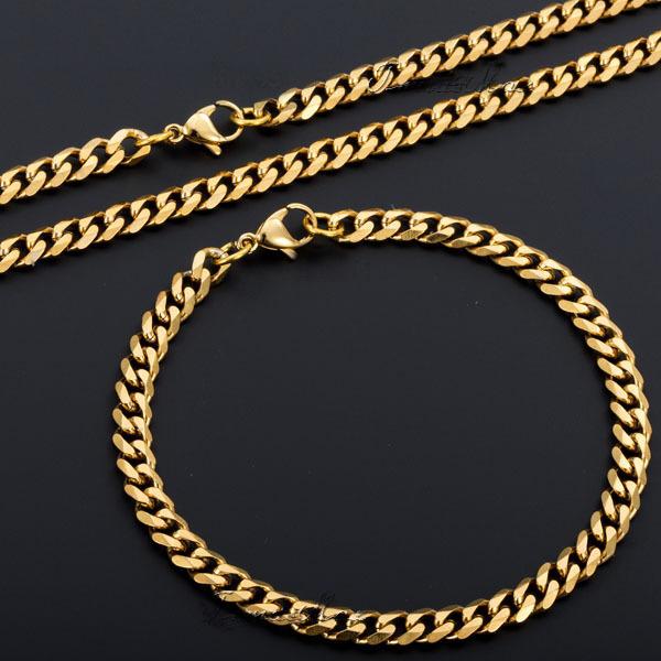 Hermah 3 5 7mm Jewelry Set Gold Plated Stainless Steel Curb Chain Necklace Bracelet 8-24