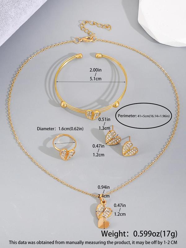 Women's Elegant Rhinestone Decorated Heart Design Jewelry Set Including Pendant Necklace & Earrings & Ring & Bracelet, Gorgeous Jewelry Set As Gift for Girlfriend